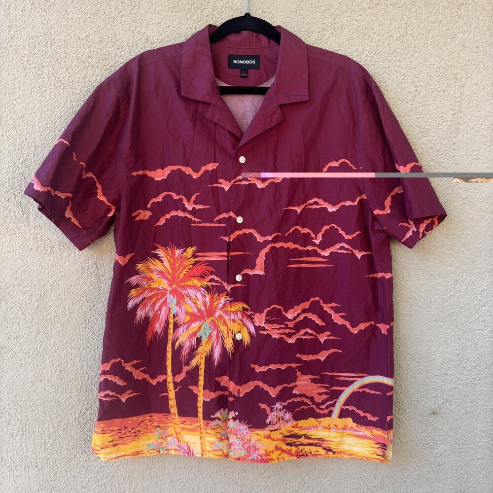 BONOBOS Hawaiian Shirt Button Up Sunset Tropics Island Palms Beach Maroon Cotton